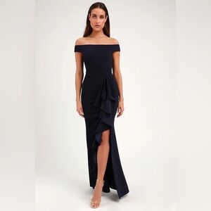 Lulus Mila Navy Blue Ruffled Off-the-Shoulder Maxi Dress Medium